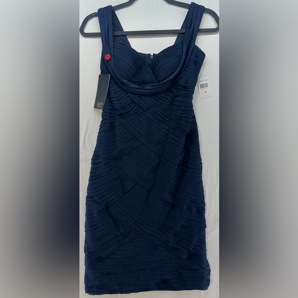 Tadashi Shodji Navy Blue 100% Silk Sheath Knee Length Dress Size 2P NEW
